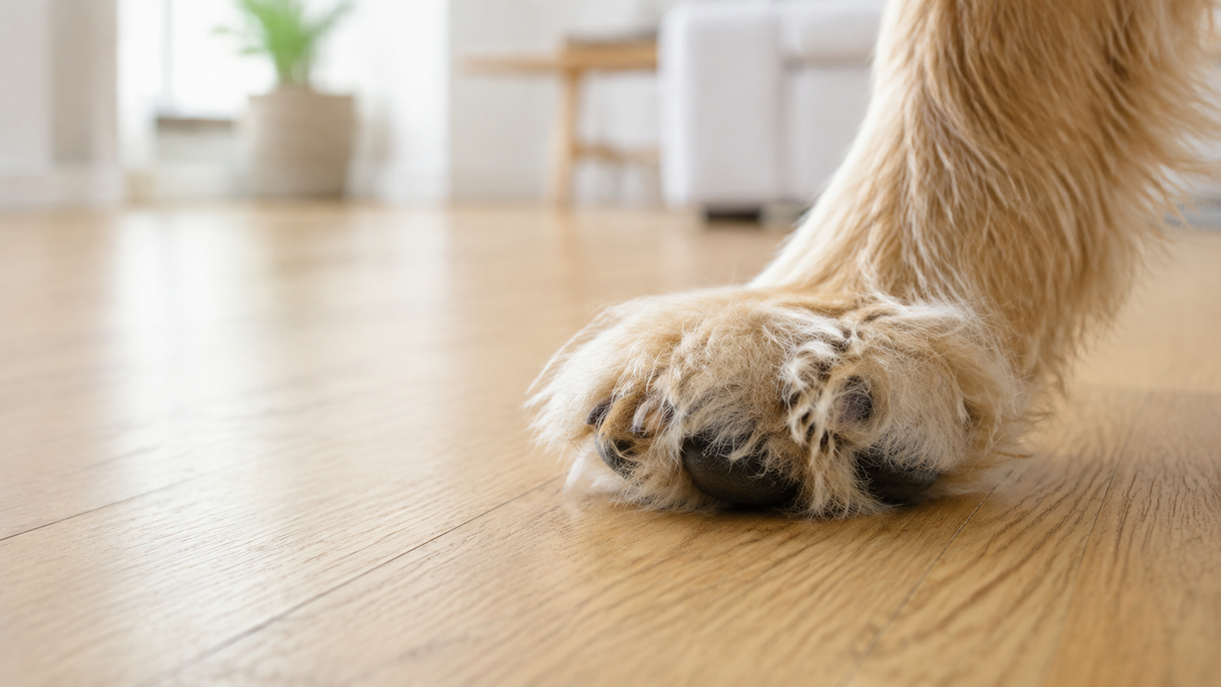 Dog paw with overgrown fur resting on a hardwood floor