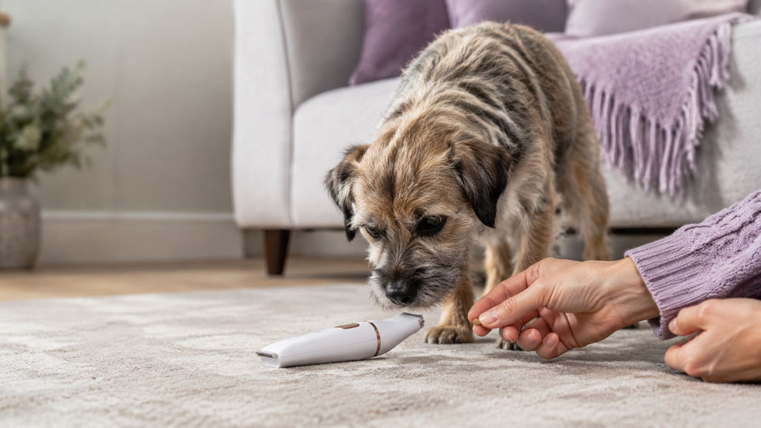 Owner calmly introducing a switched-off pet trimmer to a nervous dog