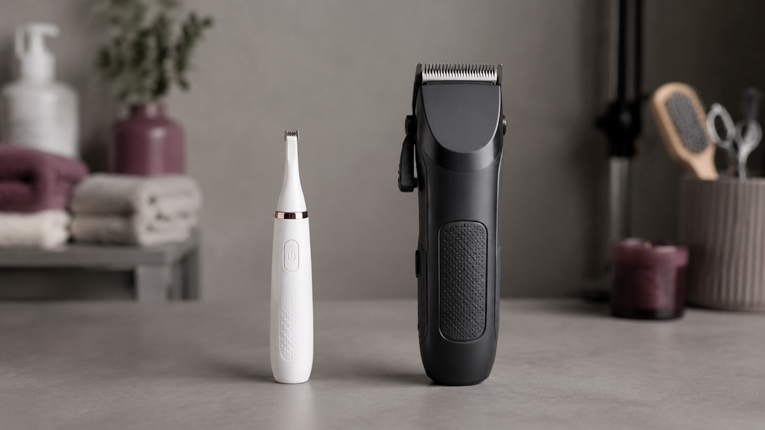 Precision paw trimmer next to full-size dog clippers for comparison